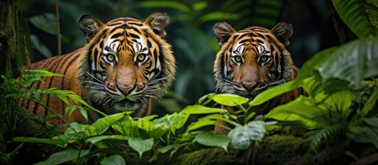Two Siberian tigers, powerful carnivores of the Felidae family, stand side by side in the lush jungle. The majestic beasts blend in with the surrounding nature of water, plants, fawns, and grass - obrazy, fototapety, plakaty
