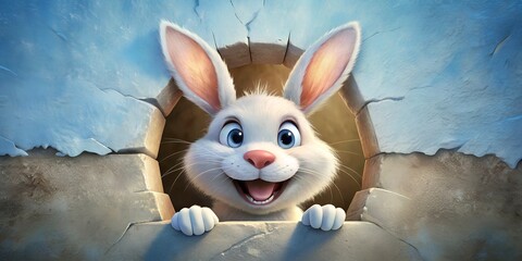 Ein fröhlicher süßer Hase schaut durch ein Loch in der Wand.