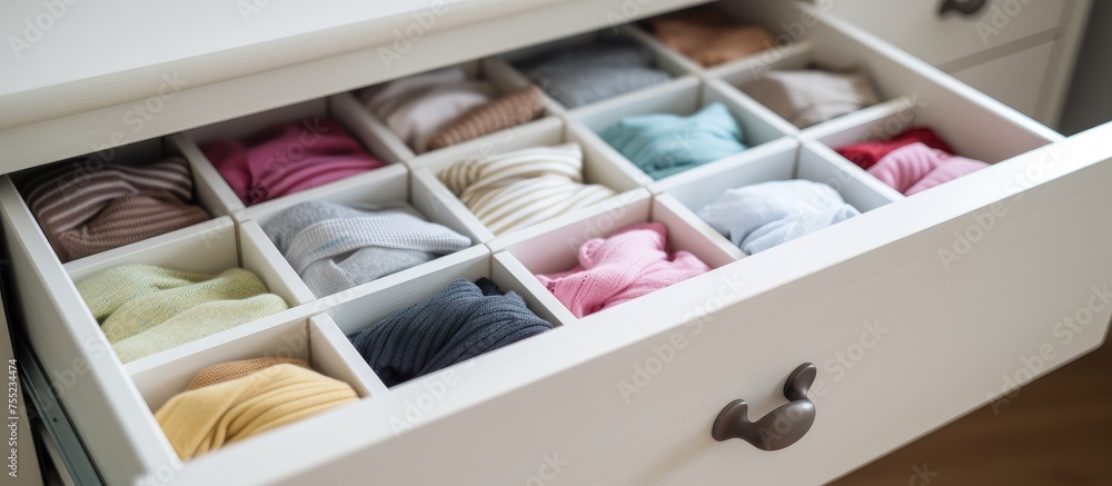 Poster a white wooden chest of drawers with an open drawer revealing a colorful array of yarn balls in vari