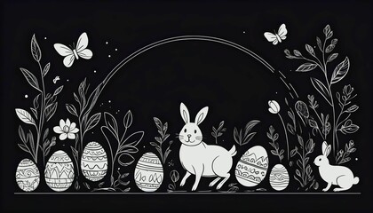 Happy easter poster banner, minimal line drawing illustration concept with a black background created with generative ai - obrazy, fototapety, plakaty