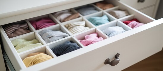 Fototapeta na wymiar A white wooden chest of drawers with an open drawer revealing a colorful array of yarn balls in various sizes and shades. The drawer is neatly organized with balls of yarn filling the space, creating