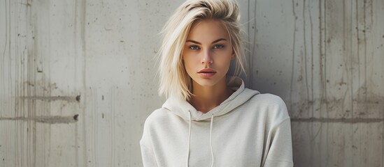 A woman with blonde hair is seen wearing a white hoodie. She appears casual and comfortable in her outfit choice, exuding a relaxed vibe. The background is simple, allowing her to stand out. - obrazy, fototapety, plakaty