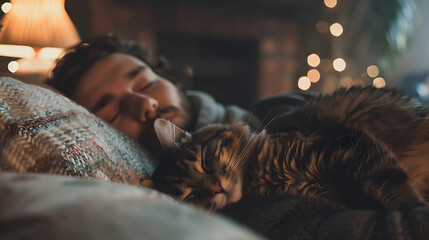 A man is laying on a bed with a cat on his lap. The cat is orange and has a fluffy tail. The man is smiling and seems to be enjoying the company of his pet. Concept of warmth and comfort - obrazy, fototapety, plakaty
