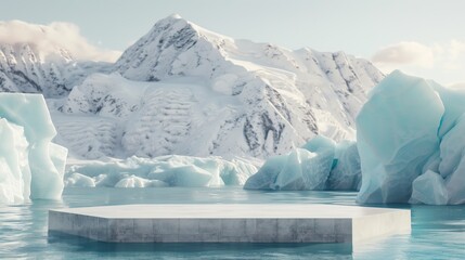 Polar Elegance: Display Stage Amidst Icebergs in the Polar Regions for Empty Product Showcase