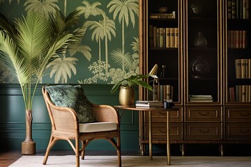 Fototapeta premium Palm Tree Wallpaper: Tropical Oasis Study Room Decor with Bamboo Furniture