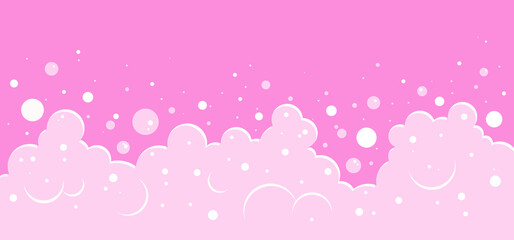 Bubble pink, baby bath, shampoo foam pattern, soap frame, fizz background, soft carbonated drink, cartoon gum. Washing vector illustration - obrazy, fototapety, plakaty