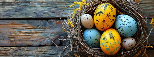 A still life photography of a nest filled with colorful Easter eggs displayed on a wooden table....
