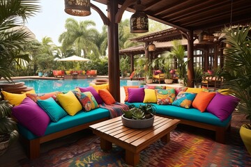Vibrant Tropical Resort-Style Patio Designs with Colorful Cushions