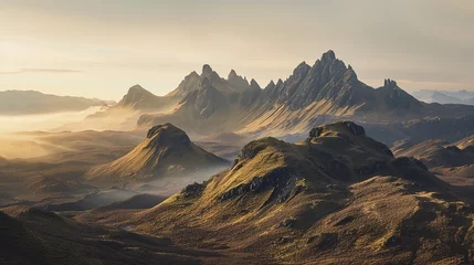 Papier Peint photo Gris A majestic landscape of a mountain range at dawn, with the first light casting golden hues over the peaks. The Sony A7R IV's 61-megapixel sensor should capture the intricate details of the rugged 