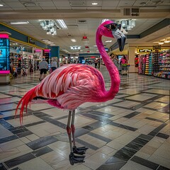 A flamboyant flamingo in vivid attire and sunglasses shopping at a mall, blending the surreal with the everyday