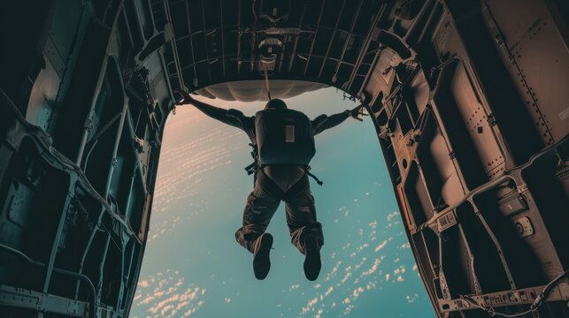 Airborne soldiers with parachutes on their backs jump out of the plane