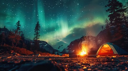 a breathtaking photograph capturing the mesmerizing beauty of the northern lights dancing across a starry night sky. the scene is set at a cozy camping site with a flickering campfire casting a warm 