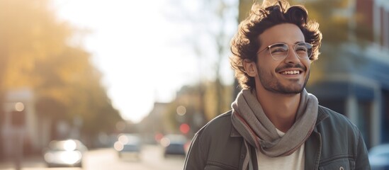 A young Hispanic man, wearing a scarf around his neck, walks confidently down a city street, smiling as he moves forward.