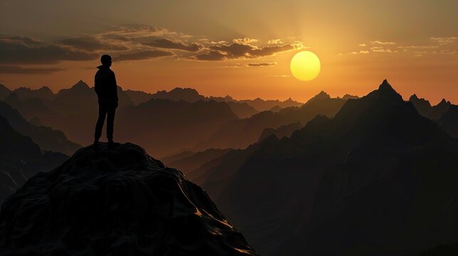 photorealistic dark sunrise photo in mountains silhouetted person