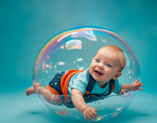 Fototapeta na wymiar little smiling baby playing among a thousand soap bubbles on a light blue background