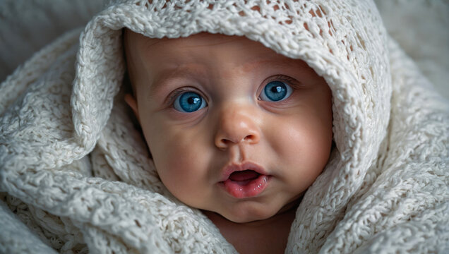 portrait of a little smiling baby with blue eyes wrapped in a soft warm blanket