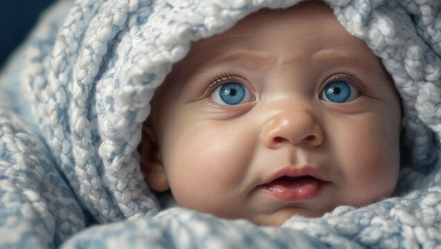portrait of a little smiling baby with blue eyes wrapped in a soft warm blanket