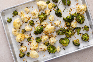 Roasted cauliflower and broccoli on a sheet pan, healthy vegetable side dish - 755236804