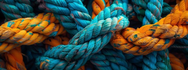 An artistic macro photography shot showcasing a vibrant pattern of colorful woolen ropes woven together, including electric blue fibers - obrazy, fototapety, plakaty