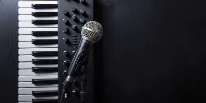 A classic black microphone elegantly rests on top of a sleek, polished piano, ready to capture the beautiful melodies produced by skilled musicians.