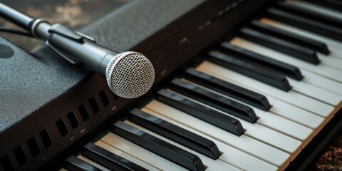 A classic black microphone and piano,