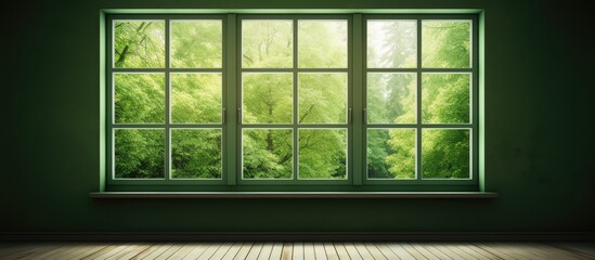 A room with a green window and a wooden floor stands empty, illuminated by natural light coming in through the window.