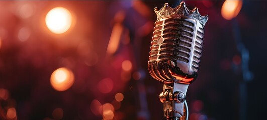 Retro microphone with golden crown on stage background. - obrazy, fototapety, plakaty