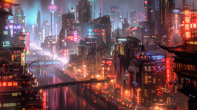 A futuristic city in Asia with a large river running through the center.  The image has been digitally enhanced