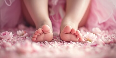 Obraz na płótnie Canvas A close-up view of a persons intricately textured bare feet gracefully resting on a plush pink carpet, showcasing the delicate arches and slight movements of the toes.