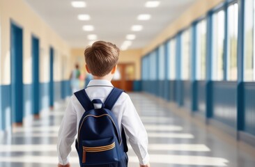 Happy 10-year-old boy, in school uniform with blue backpack, walking along school bright corridor, school interior in blur. Photo of the boy from the back. Back to school concept