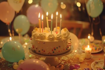 Obraz na płótnie Canvas a birthday cake surrounded by a multitude of festive balloons
