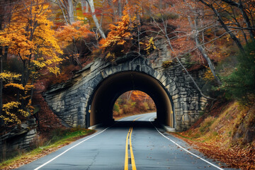 Naklejka premium Stone tunnel in a hill running through a forest in autumn