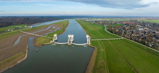 aerial view of the wier at Driel, Netherlands - 755237868