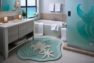 Seaside Escape: Aqua Bath Rugs & Coral Patterned Towels for Underwater Theme Bathroom Oasis Designs