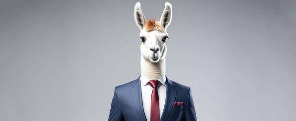 Fototapeta premium Anthropomorphic realistic lama director, boss in an elegant business suit, white shirt and red tie. Large portrait on a blue background. Fantastic business concept. Commercial advertising banner
