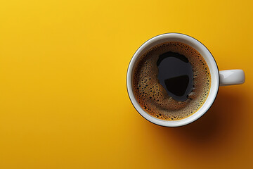 Top view image of coffe cup on wooden yellow background. Flat lay. Copy space - obrazy, fototapety, plakaty