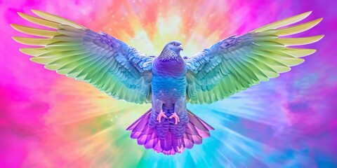 A colorful majestic bird soars through the air, wings outstretched and feathers glistening in the sunlight. - obrazy, fototapety, plakaty