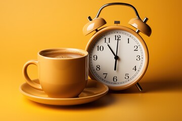 Vintage alarm clock with cup of coffee on yellow background