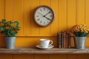 Fototapeta na wymiar Vintage alarm clock with cup of coffee on yellow background