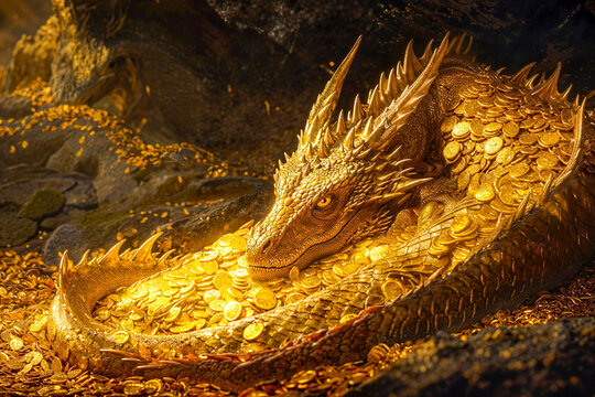 Dragon guarding a pile of gold coins, mythology, Beowulf, Fafnir