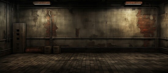 An empty grunge room with a dimly lit interior features a brick floor, adding to the worn and industrial atmosphere of the space. - obrazy, fototapety, plakaty