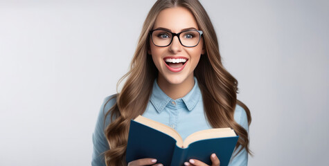 Portrait of a young beautiful student, woman with long hair, wearing glasses, close-up, mouth wide open, smiling and looking at the camera. The girl is wearing a blue shirt, holding an open book in