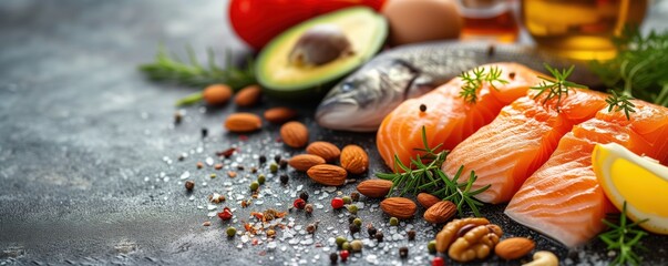 Sources of unsaturated fats omega 3, omega 6: different types of red fish, salmon, salmon, trout, avacado walnuts, almonds, garnished with lemon, herbs and spices. Banner with space for text - obrazy, fototapety, plakaty