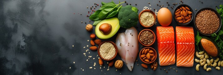 Sources of protein, omega 3, omega 6 fats, fiber and vitamins: red fish, chicken breasts, avacados, walnuts, cashews, almonds, broccoli, spinach and spices. Healthy food concept. With space for text - obrazy, fototapety, plakaty