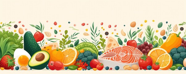 Healthy nutrition concept. Products containing unsaturated fats omega 3, omega 6: fatty sea fish, nuts, seeds, avacado, eggs, greens. Banner on white background - obrazy, fototapety, plakaty