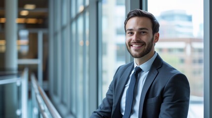 Fototapeta premium Sleekly dressed businessman with a warm smile in a North American office exudes professionalism.