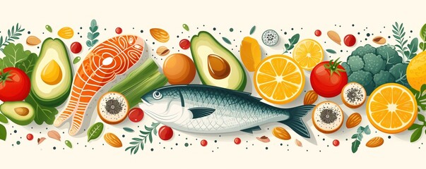 Healthy nutrition concept. Products containing unsaturated fats omega 3, omega 6: fatty sea fish, nuts, seeds, avacado, eggs, greens. Banner on white background - obrazy, fototapety, plakaty