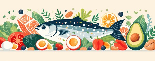 Healthy foods containing unsaturated fats omega 3, omega 6: fatty sea fish, nuts, seeds, avacado, eggs, greens. Banner with useful products - obrazy, fototapety, plakaty