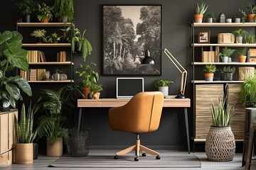 Greenery Haven: Urban Jungle Home Office Designs Featuring Plant-Themed Cork Board Ideas
