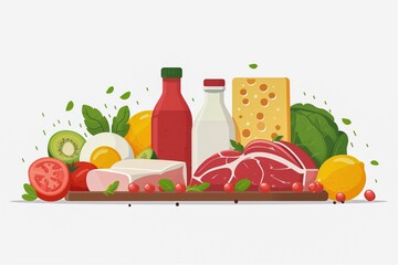 Healthy food for cooking. Raw meat steak, cheese, tomatoes, herbs. Products containing fat and vegetables isolated on white background - obrazy, fototapety, plakaty